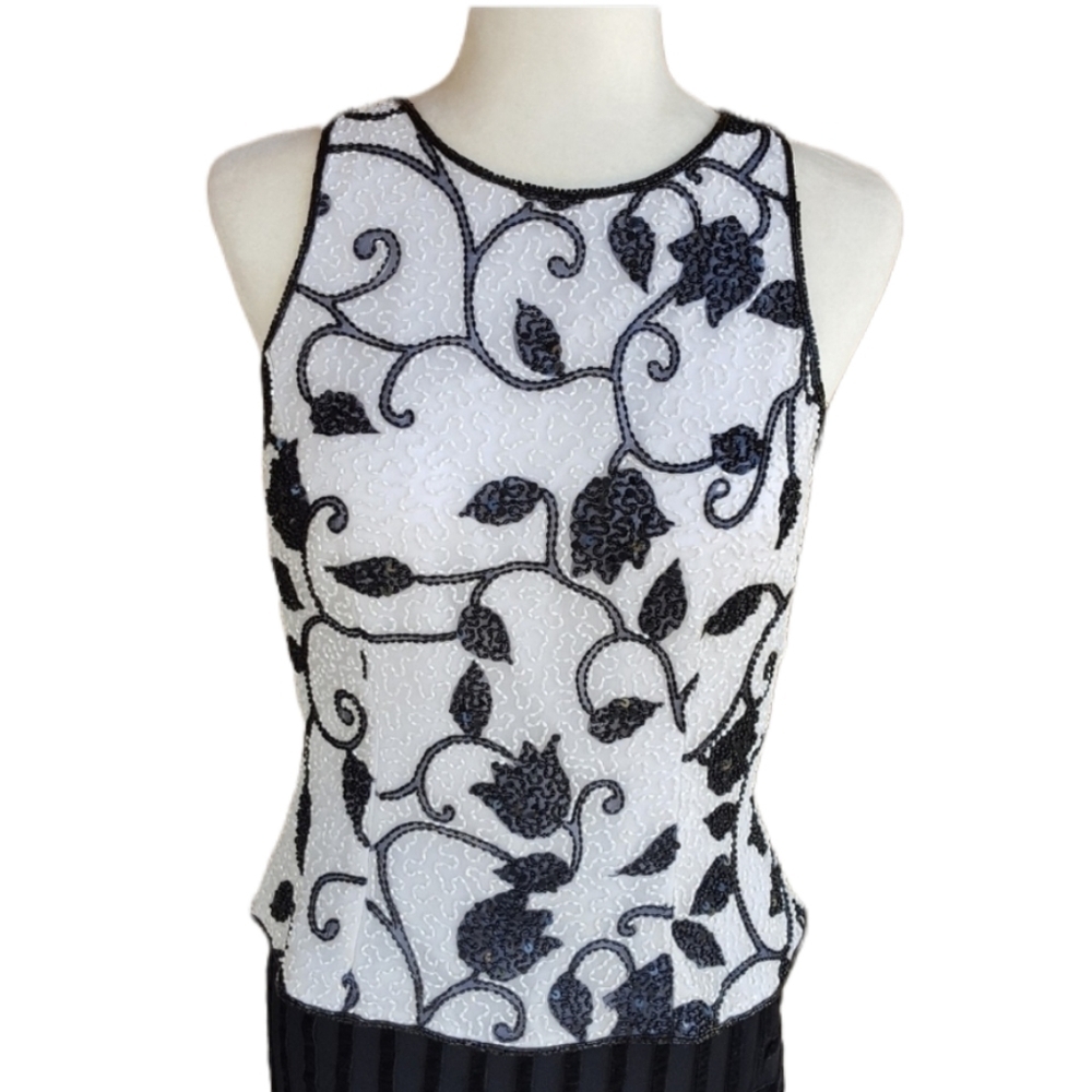 Sean Collection - Vintage‎ Black and White  Silk Beaded Top